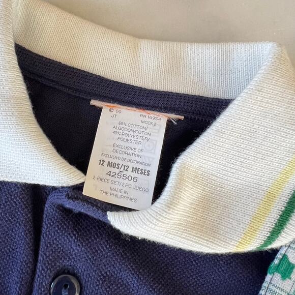 Vintage Y2K Baby Boy Truck Appliqué Plaid Overalls and Polo Outfit / 12 Months - Picture 4 of 9